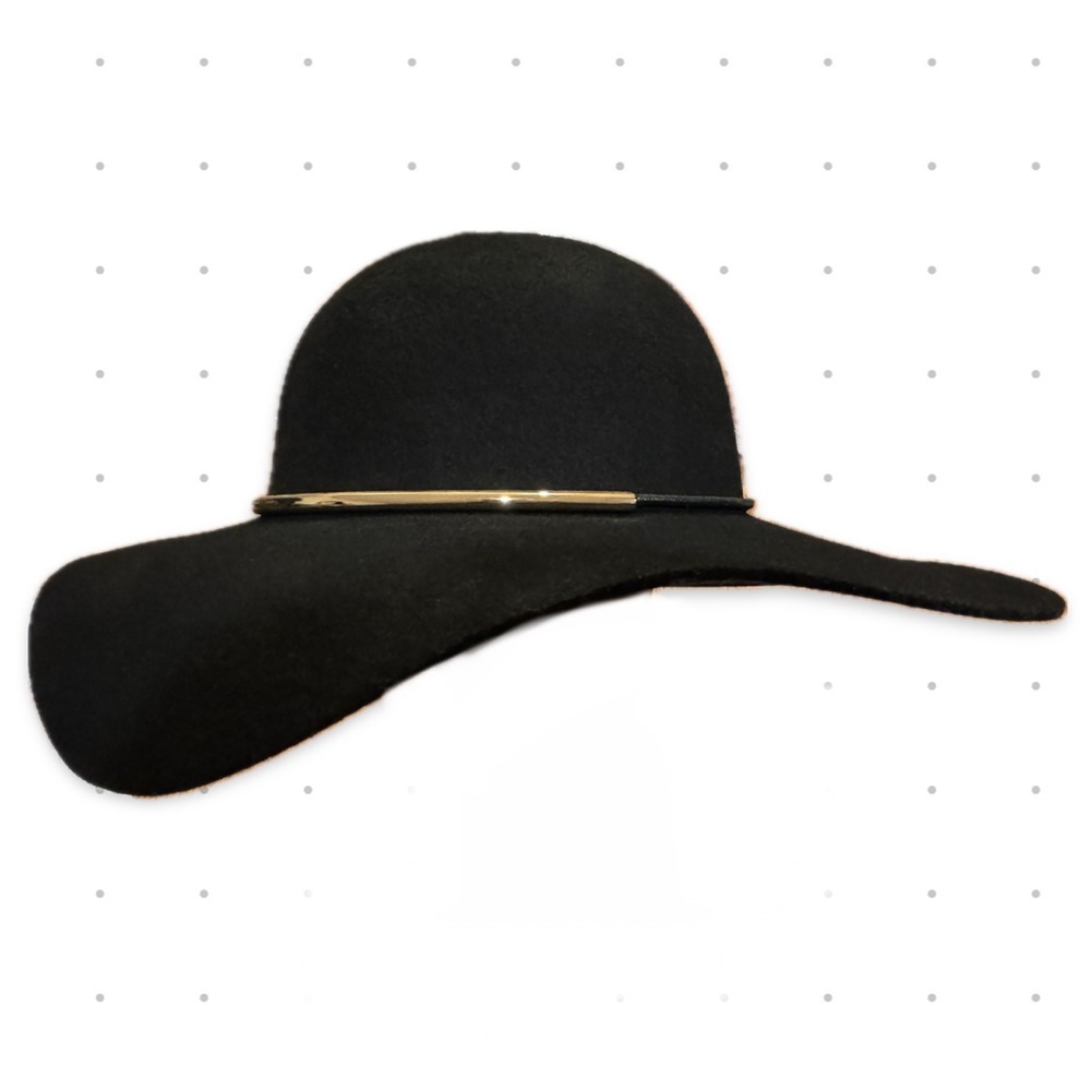 Nine West 100% Wool Black Wide-Brim Hat with Gold Accent